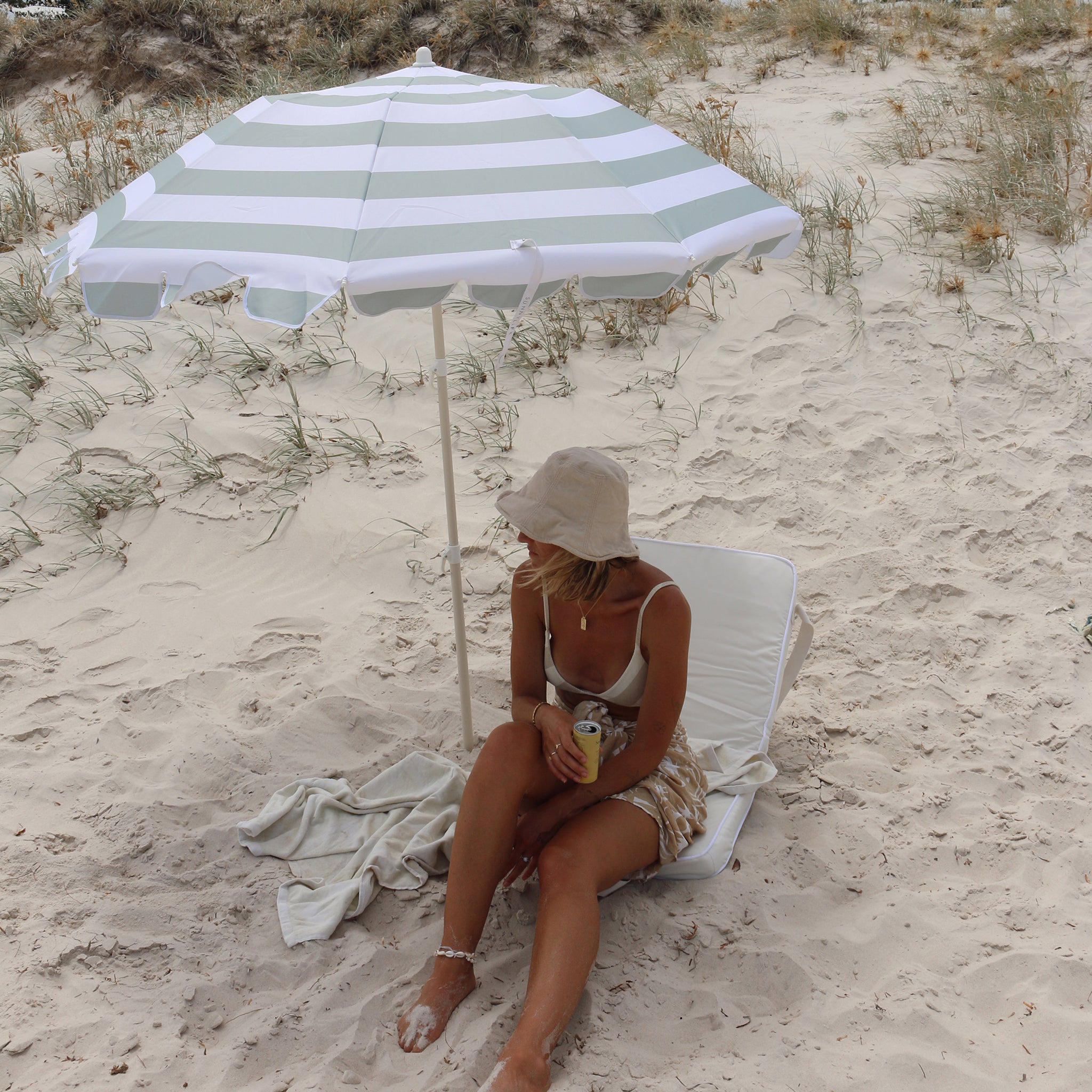 Compact Beach Umbrella - Sea Sage Stripe