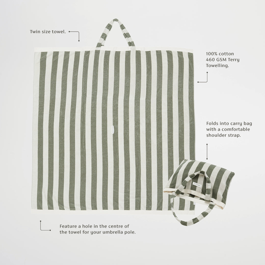 Twin Beach Towel 2-in-1 Tote Bag | The Vacay Olive Stripe