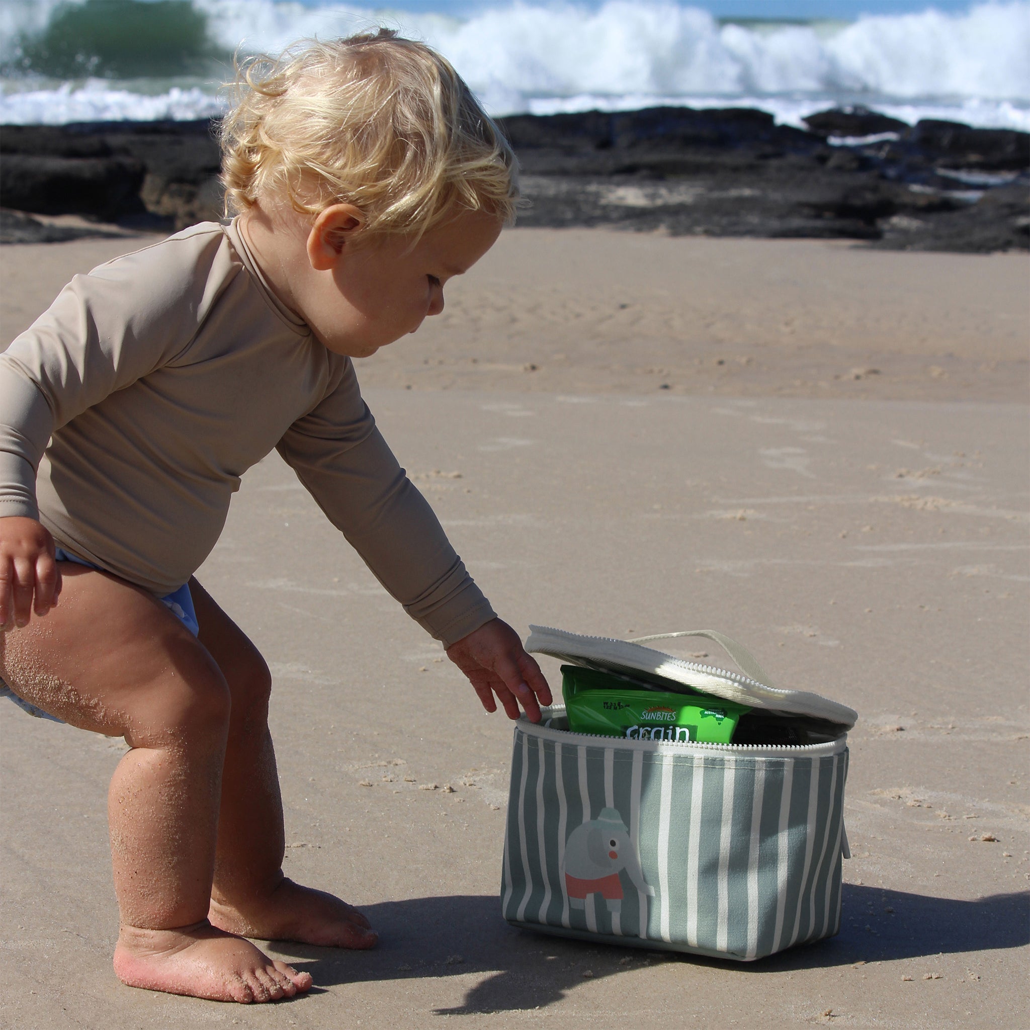 Kids Lunch Bag - Eli the Elephant Green Stripe